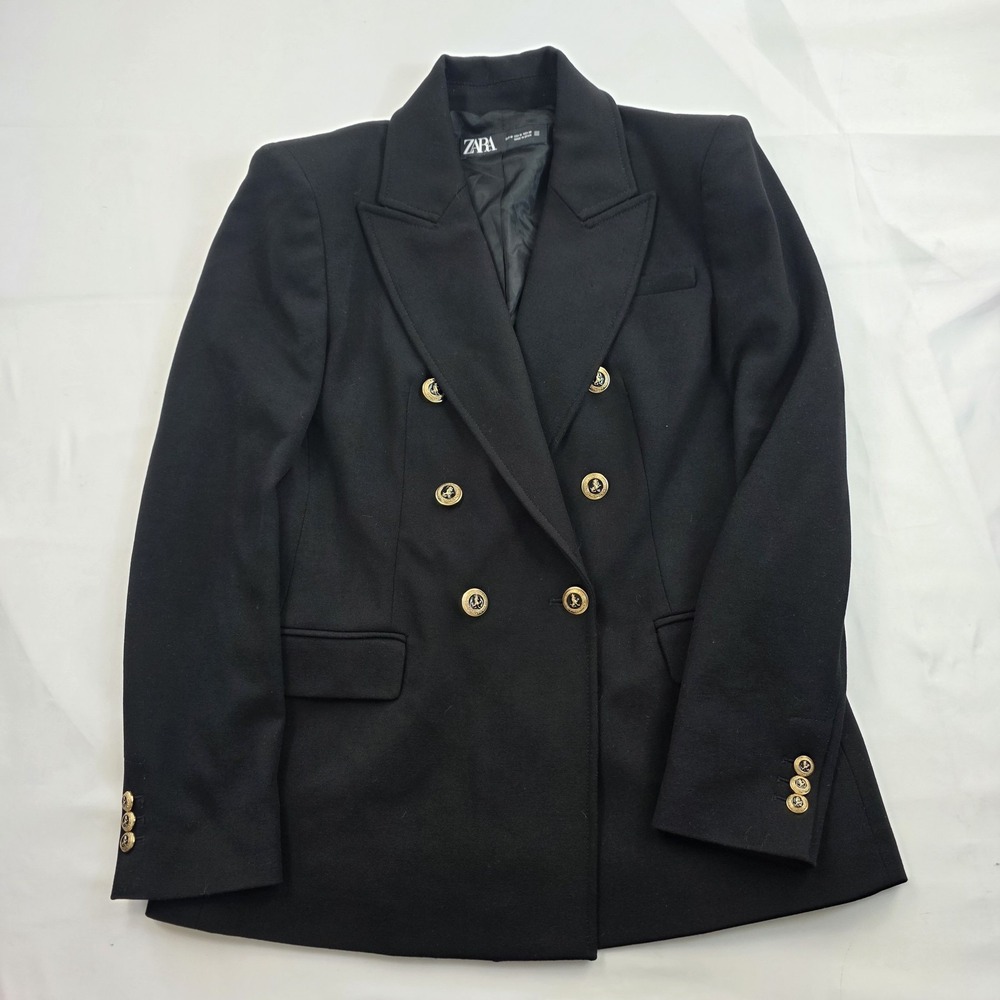 Zara Blazer Womens Medium Black Double Breasted Gold Button Structured Jacket